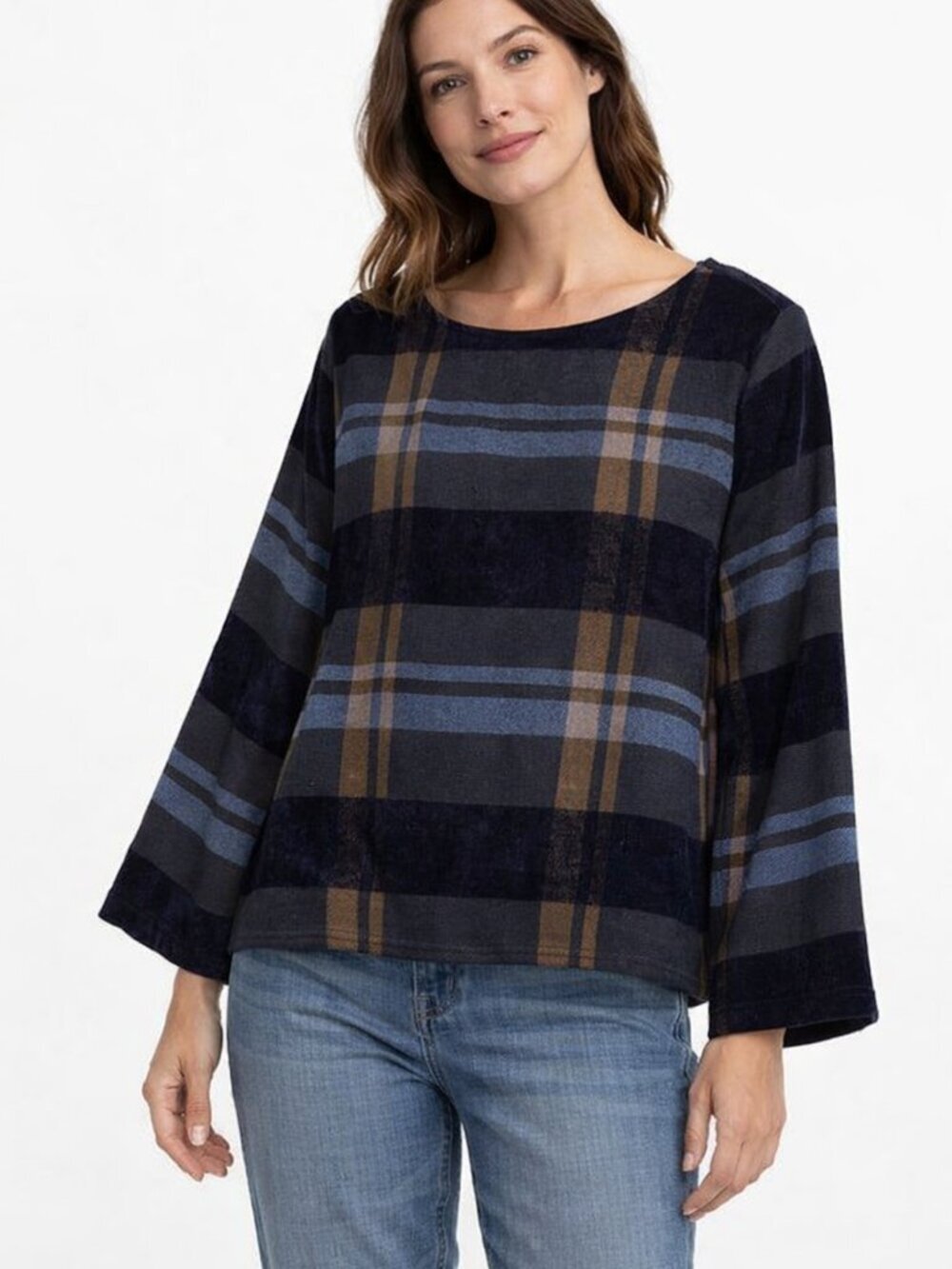 Neirami Italian Plaid Top Made in Italy Wool Blend Designer Blue Brown Small